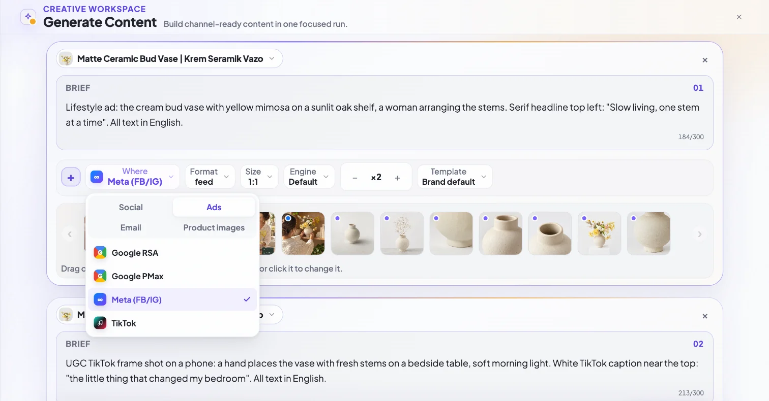 El espacio de creatividades de BrandyBee con dos briefs de anuncio para un jarrón de cerámica y el menú de canales abierto en Google RSA, Google PMax, Meta y TikTok