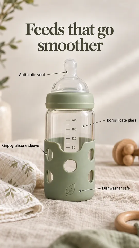 Anuncio con anotaciones de un biberón de cristal con funda de silicona verde salvia, titular Tomas más tranquilas