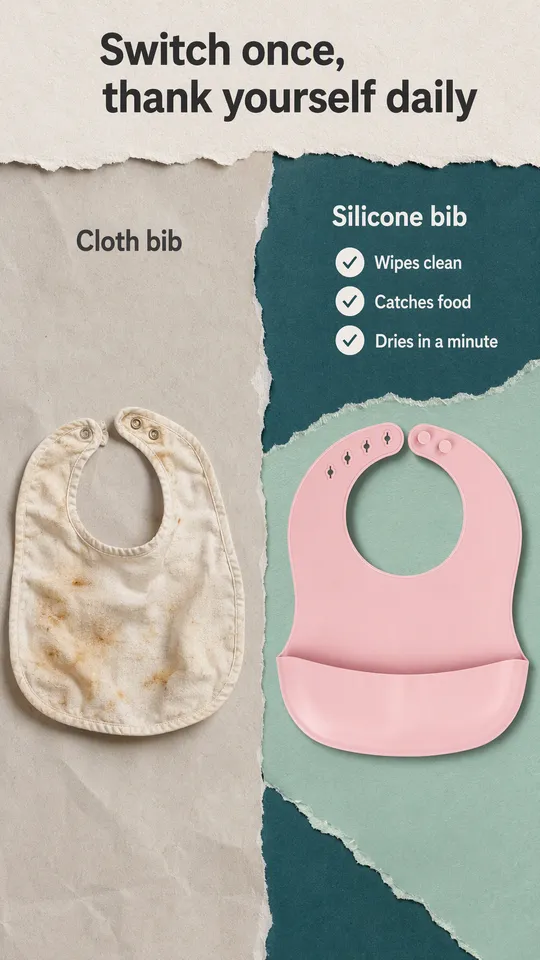 Anuncio comparativo de un babero de tela manchado junto a un babero de silicona rosa limpio