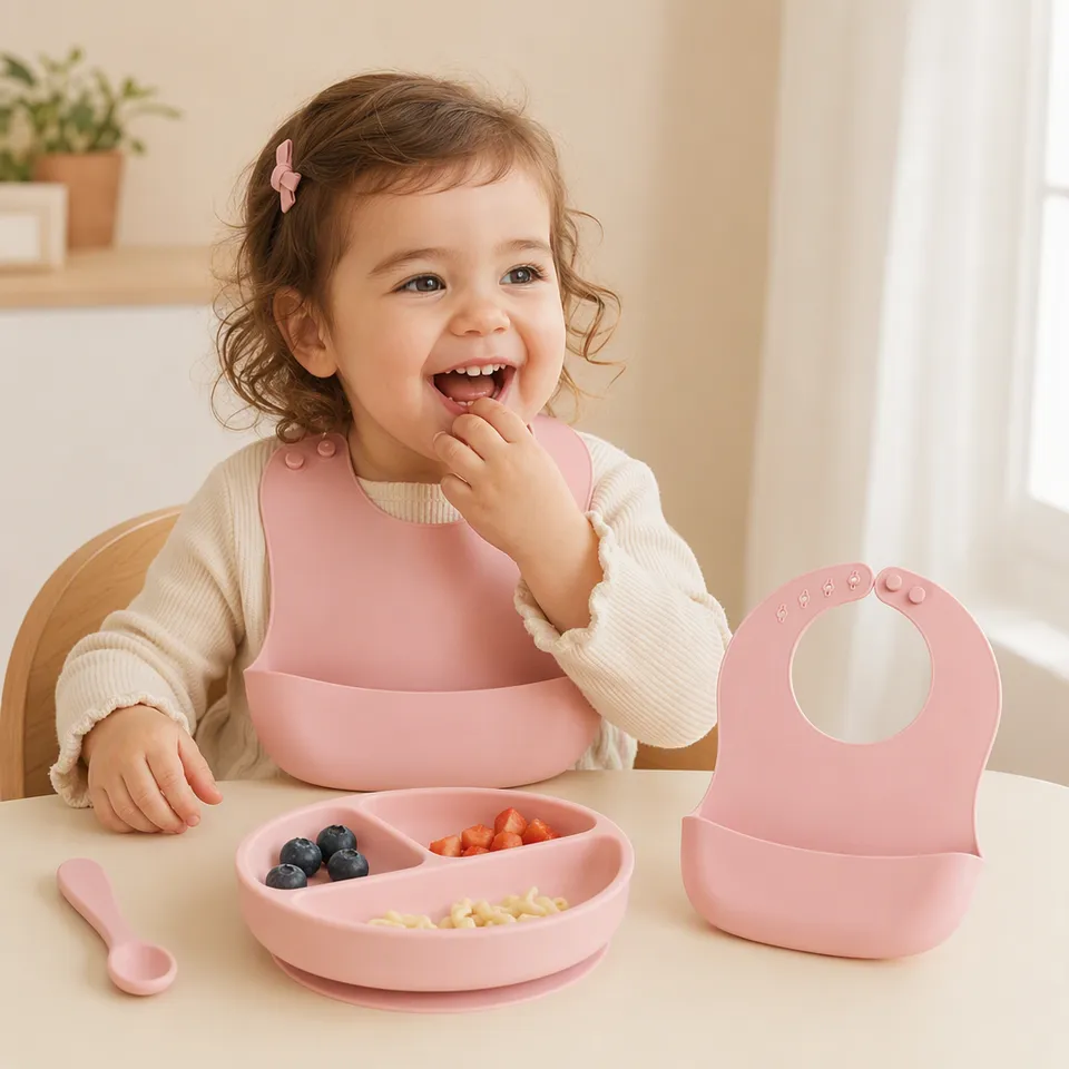Anuncio lifestyle de un niño pequeño sonriente con un babero rosa en la mesa con un plato con compartimentos