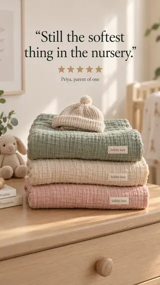 Anuncio de reseña de tres muselinas para arrullar apiladas sobre una cómoda del cuarto del bebé, con una cita de cinco estrellas