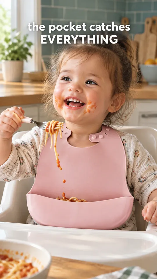 Anuncio UGC de TikTok de un niño pequeño comiendo pasta con un babero de silicona rosa, con el texto el bolsillo lo recoge todo
