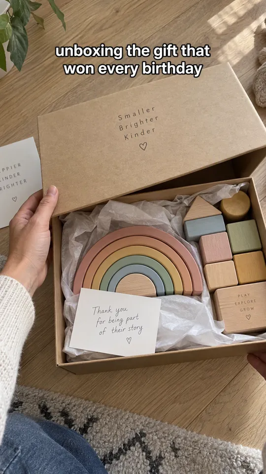 Anuncio de unboxing en TikTok de unas manos abriendo una caja regalo con un arcoíris apilable de madera