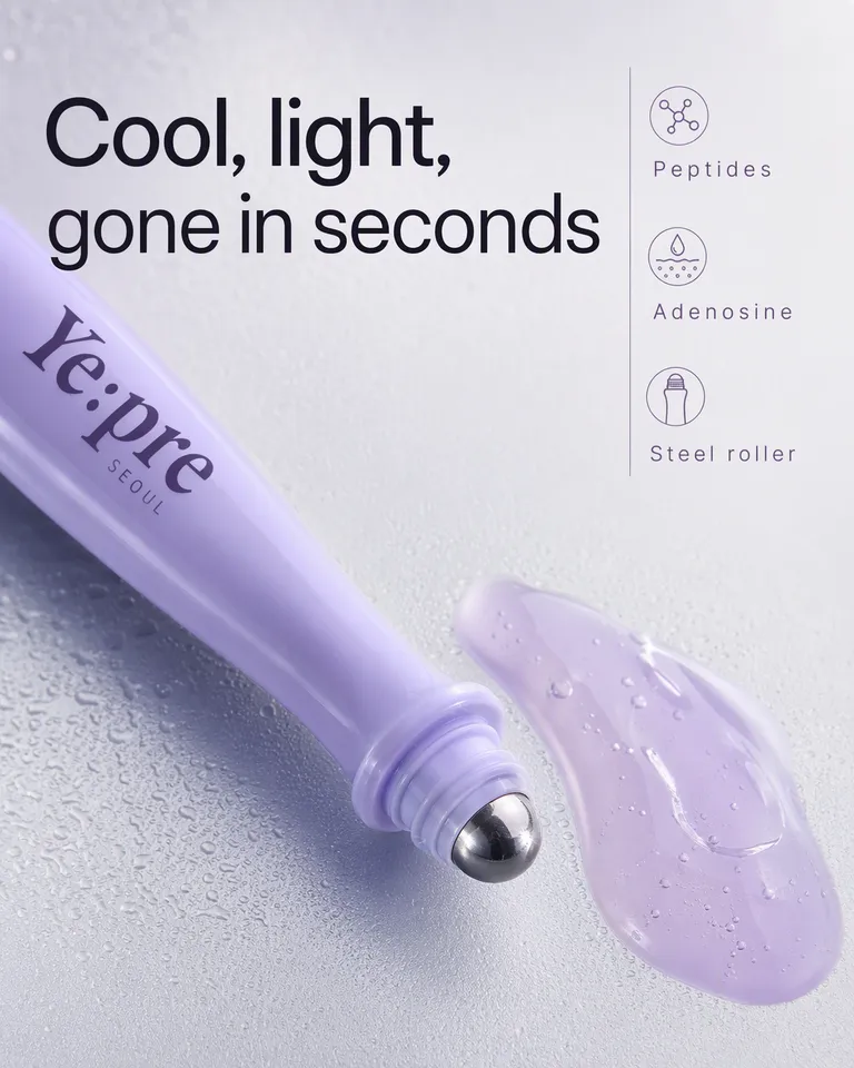 Anuncio con anotaciones de ingredientes de la punta del roller de ojos y un swatch de gel, titular Fresco, ligero, se absorbe en segundos
