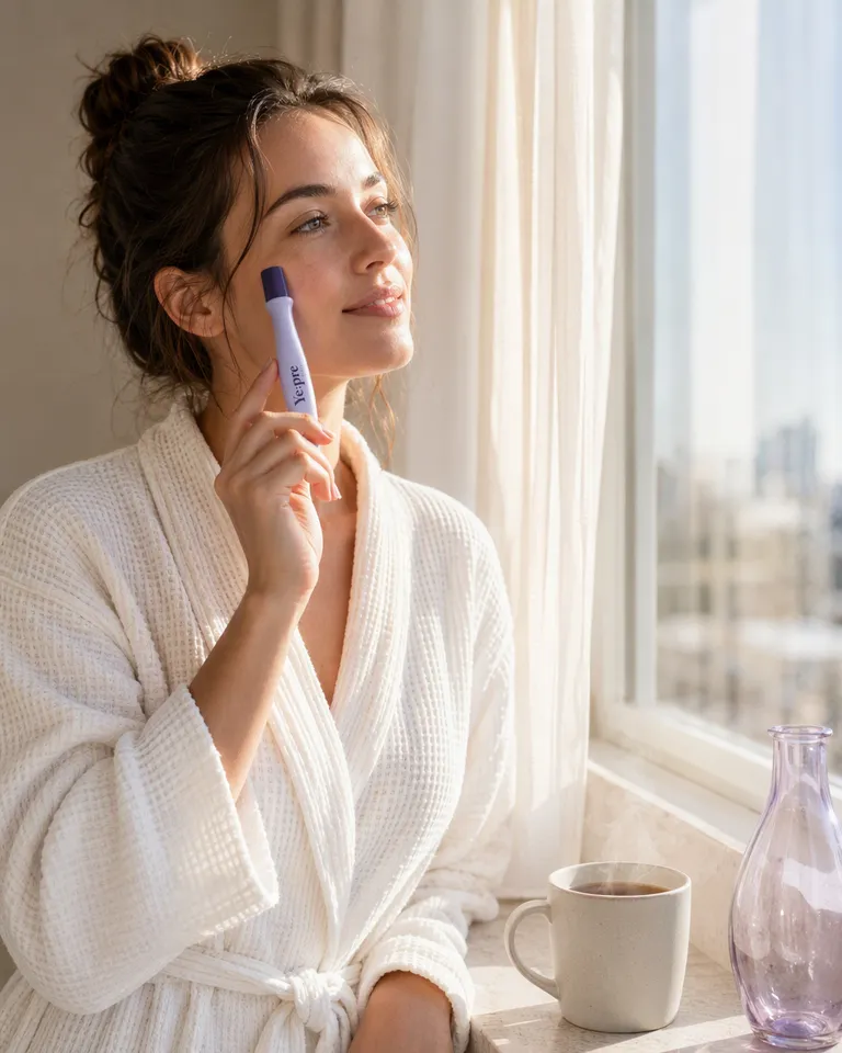 Anuncio lifestyle de una mujer con albornoz blanco usando un roller de ojos junto a una ventana soleada