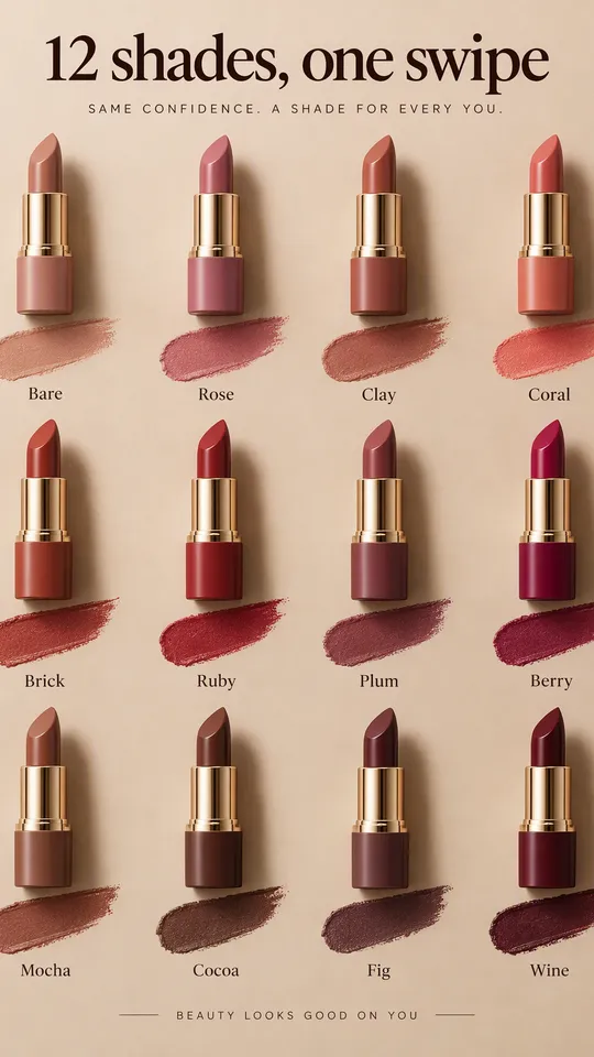 Anuncio de swatches de doce tonos de pintalabios en cuadrícula, titular 12 tonos, una sola pasada