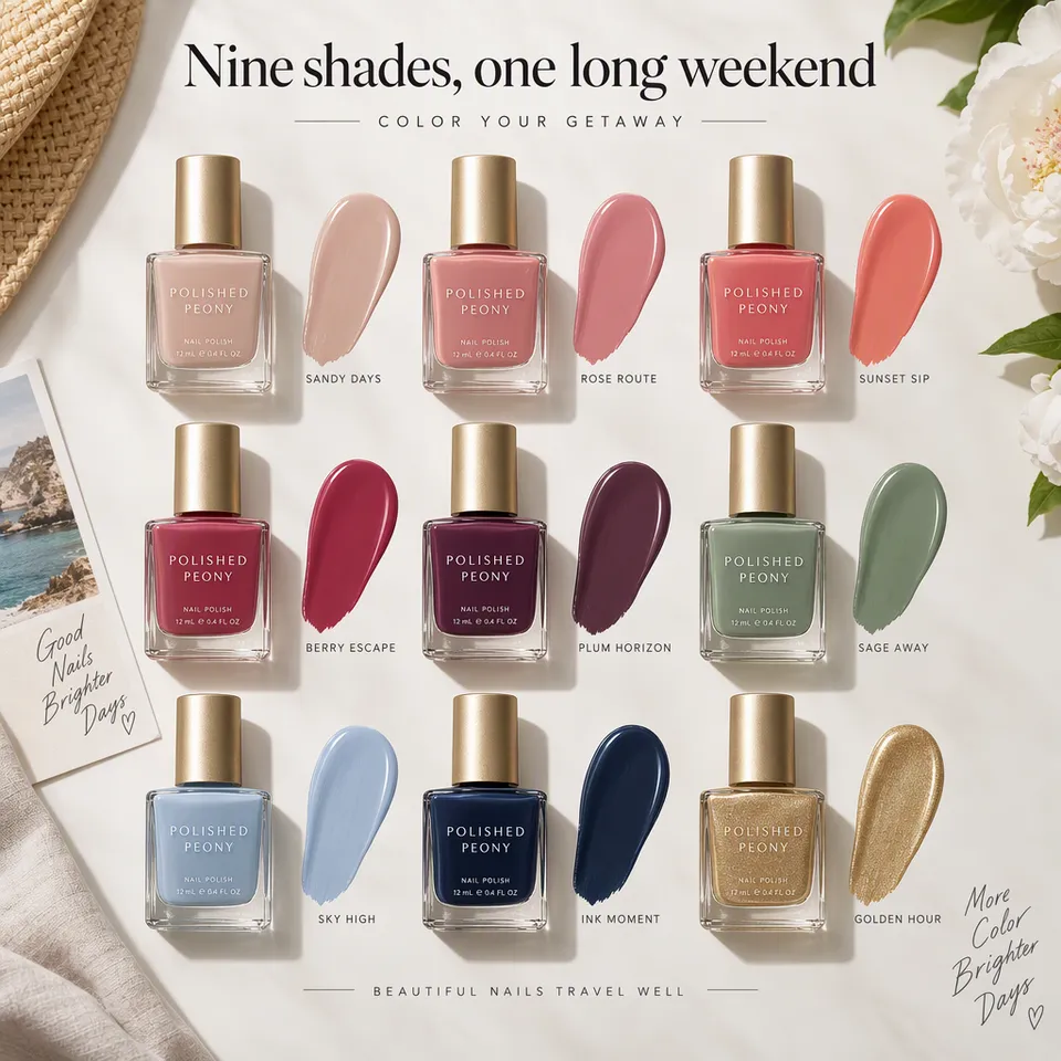 Anuncio de swatches de nueve tonos de esmalte de uñas en cuadrícula, titular Nueve tonos, un fin de semana largo