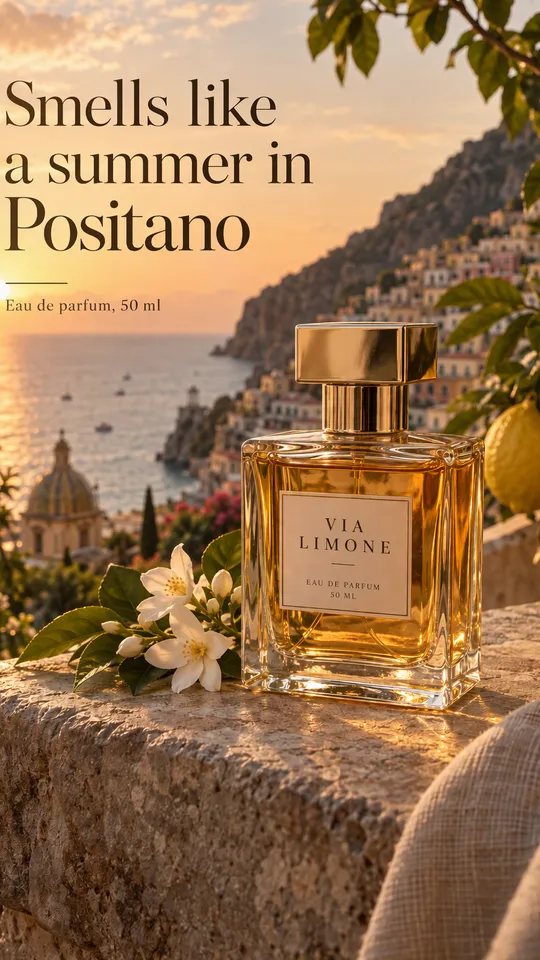 Anuncio lifestyle de un frasco de perfume en una terraza sobre Positano al atardecer, titular Huele a un verano en Positano
