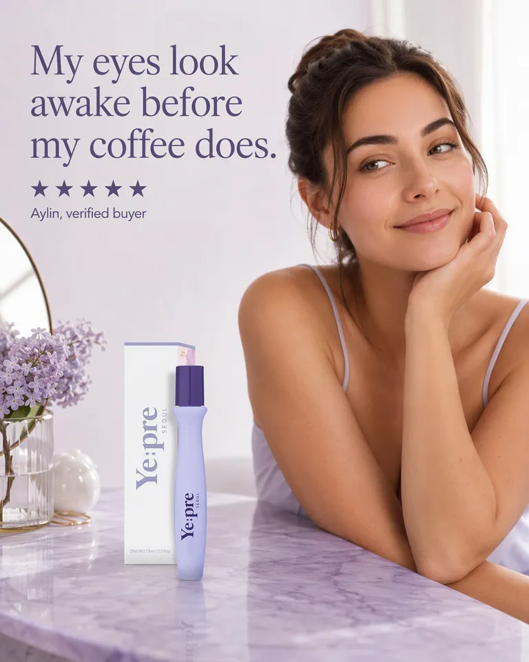 Anuncio de reseña de una mujer sonriente junto al roller de ojos Ye:pre, cita Mis ojos se despiertan antes que mi café