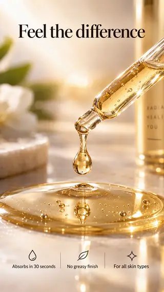 Texture ad of a golden serum drop falling from a pipette into a pool of oil, headline Feel the difference
