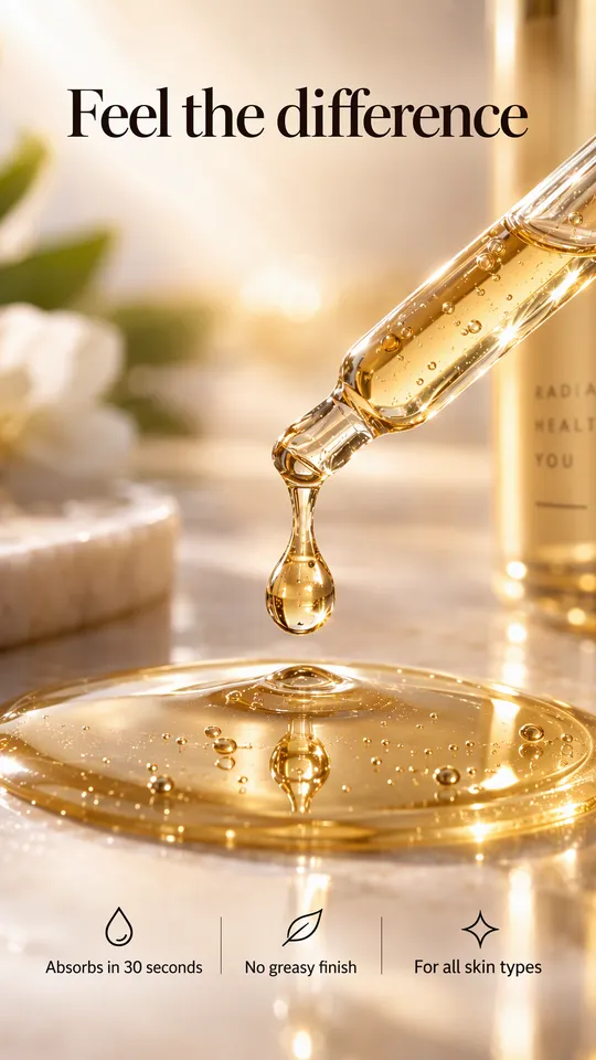 Anuncio de textura de una gota de sérum dorado cayendo de una pipeta sobre un charco de aceite, titular Nota la diferencia