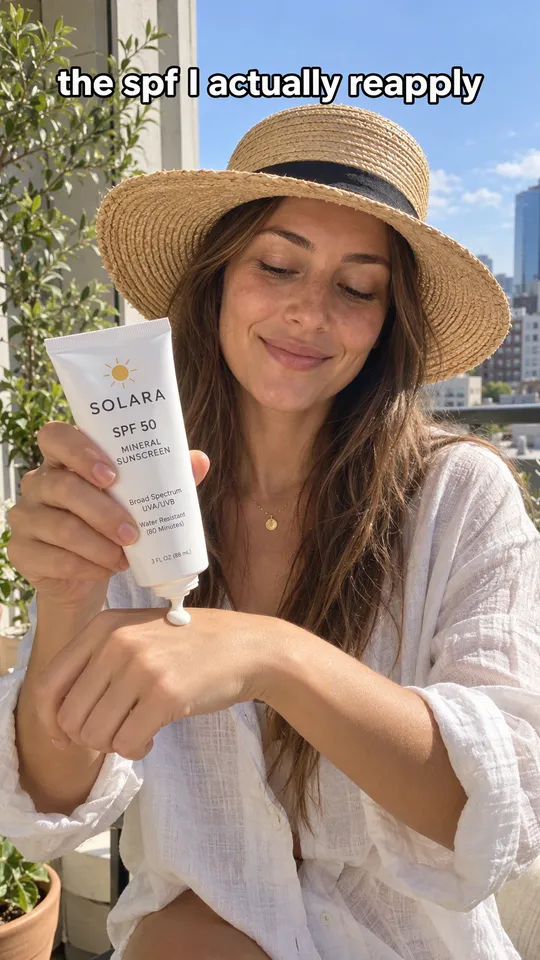 Anuncio UGC de TikTok de una mujer con sombrero de paja echándose protector solar mineral en la mano en la playa