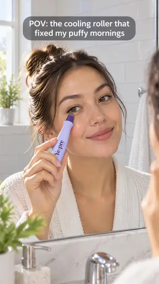 Anuncio UGC de TikTok de una mujer usando un roller de ojos frente al espejo del baño, con el texto el roller refrescante que acabó con mis mañanas de ojeras