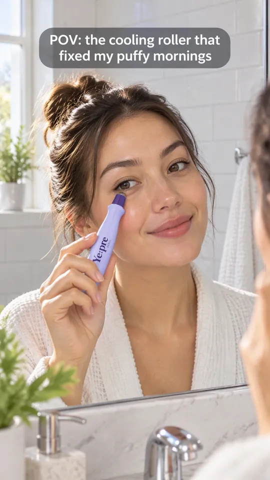 Anuncio UGC de TikTok de una mujer usando un roller de ojos frente al espejo del baño, con el texto el roller refrescante que acabó con mis mañanas de ojeras