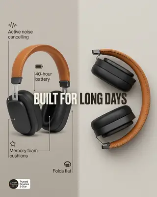 Anuncio con anotaciones de unos auriculares de diadema negros y tostados, titular Hechos para días largos