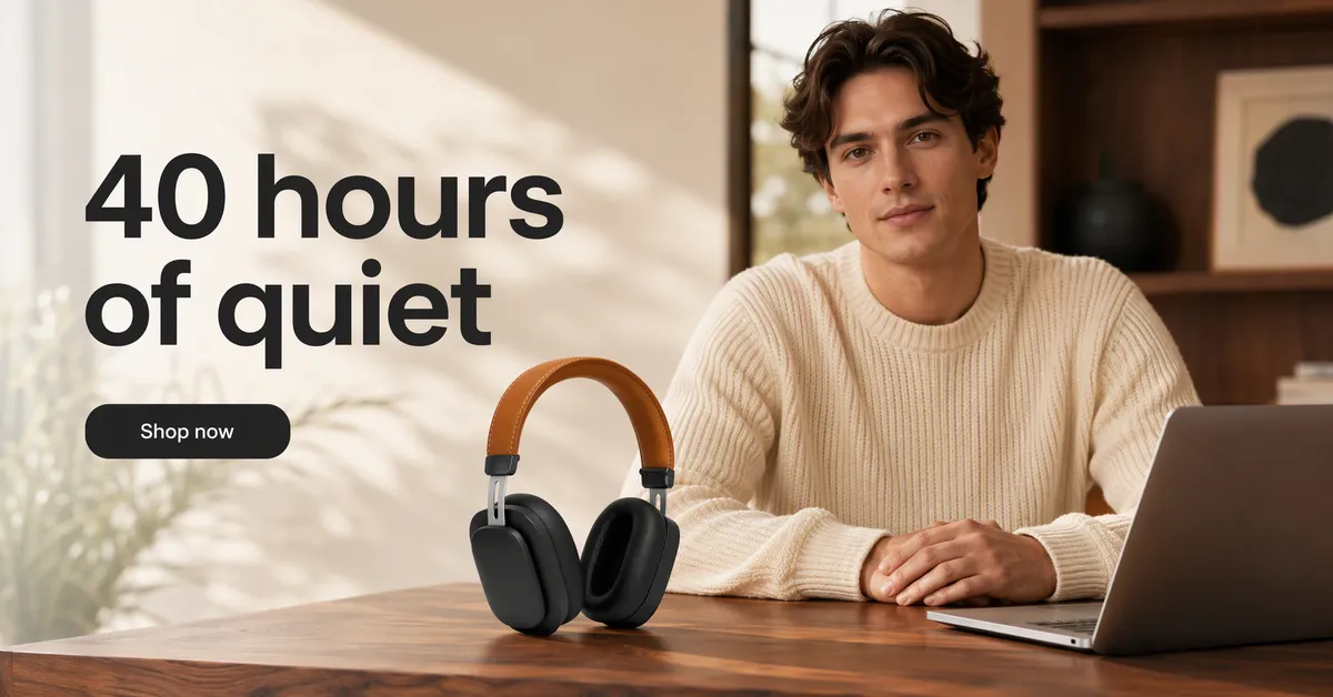 Anuncio de display horizontal de Google de un hombre en su escritorio junto a unos auriculares de diadema, titular 40 horas de silencio