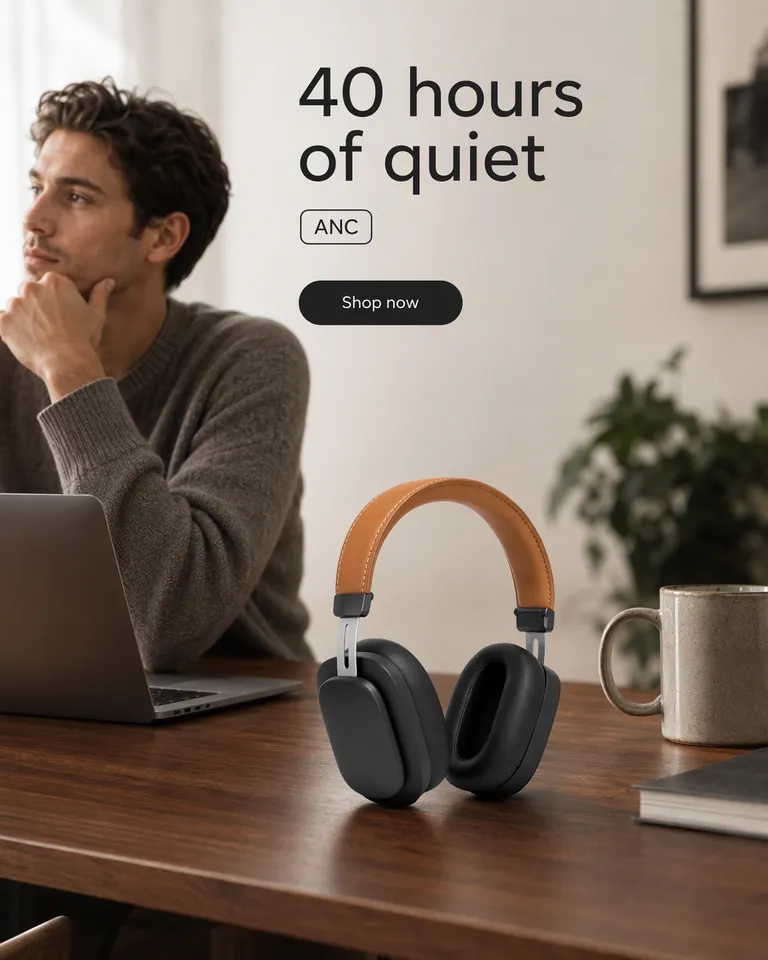 Anuncio vertical de Performance Max de un hombre pensativo en su escritorio, con los auriculares al lado, titular 40 horas de silencio