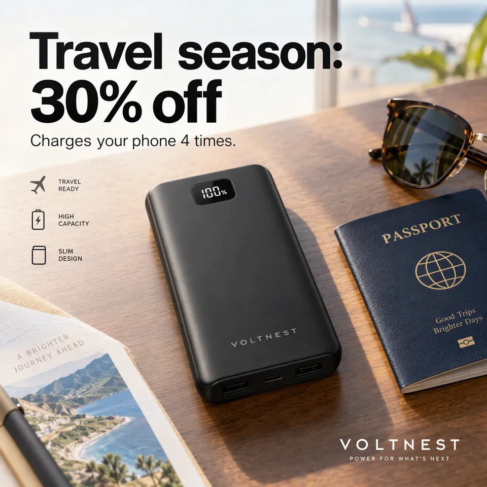 Anuncio de oferta de una batería externa negra y fina junto a un pasaporte, titular Temporada de viajes: 30% de descuento