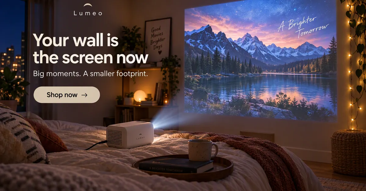Anuncio de display horizontal de Google de un miniproyector proyectando una película en la pared de un dormitorio