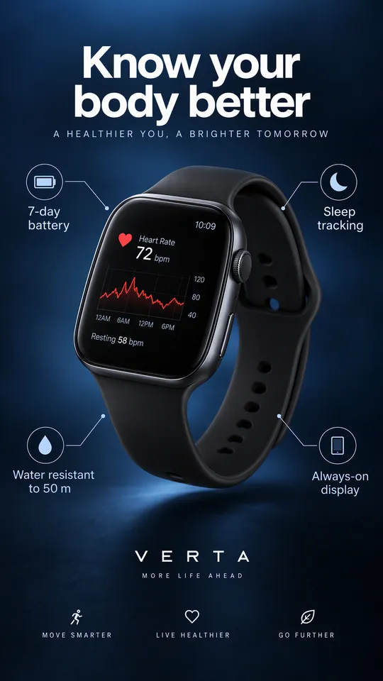 Anuncio con anotaciones de un smartwatch negro mostrando la frecuencia cardiaca, con etiquetas de batería, seguimiento del sueño, resistencia al agua y pantalla