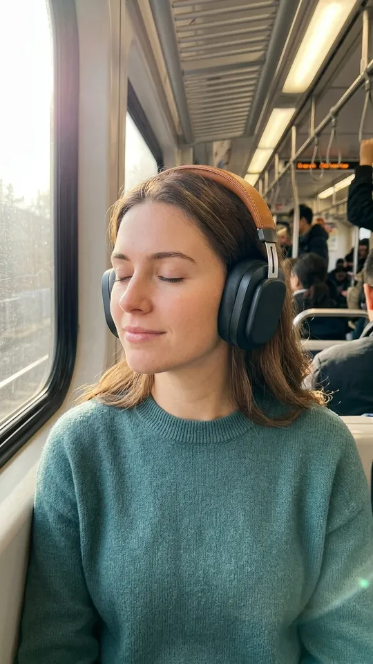 Anuncio de TikTok de una mujer con los ojos cerrados y unos auriculares de diadema en un tren