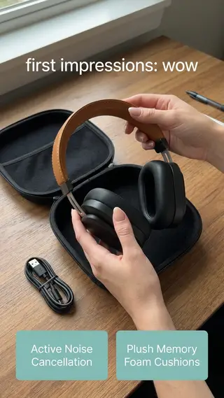 Anuncio de unboxing de unas manos sacando unos auriculares de diadema de su estuche, con el texto primeras impresiones: guau