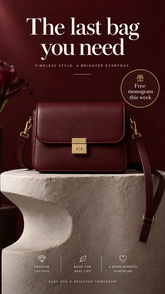 Anuncio de oferta de un bolso de hombro de piel burdeos sobre un pedestal de piedra, titular El último bolso que necesitas