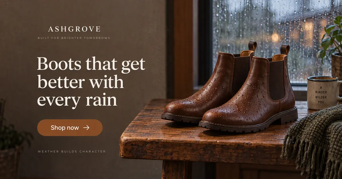 Anuncio de display horizontal de Google de unas botas Chelsea de piel marrón junto a una ventana con lluvia