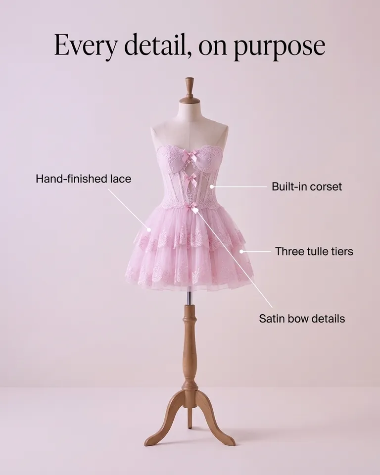 Anuncio con anotaciones de detalle de un minivestido rosa de encaje en un maniquí, titular Cada detalle, a propósito