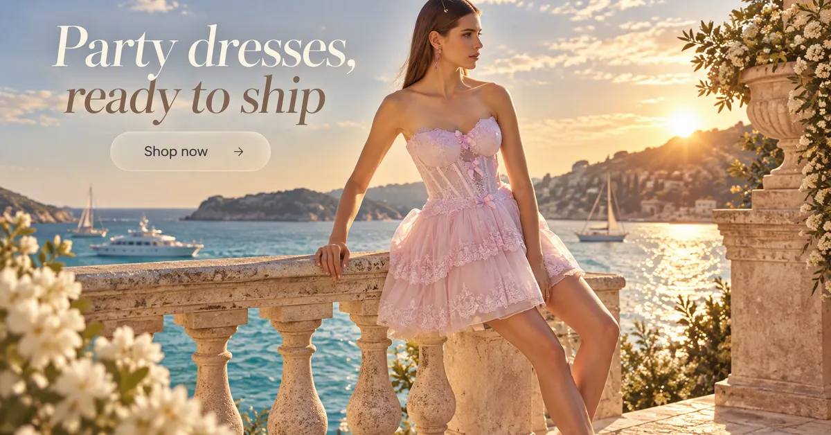 Anuncio de display horizontal de Google de una mujer con un minivestido rosa en una terraza junto al mar, titular Vestidos de fiesta, listos para enviar