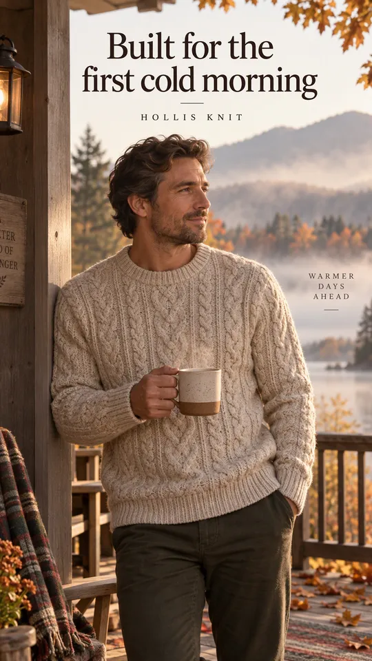 Anuncio lifestyle de un hombre con un jersey de ochos color avena y un café en un porche otoñal