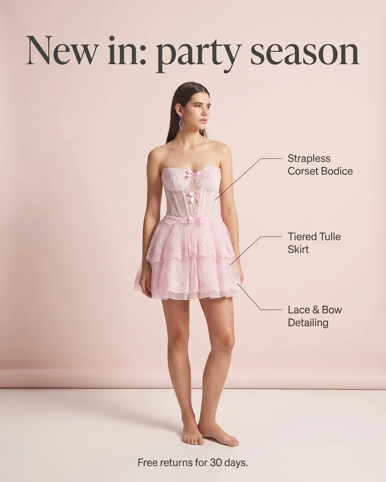 Anuncio de novedad de una mujer con un minivestido rosa de tul sobre fondo rosa, titular Novedades: temporada de fiestas