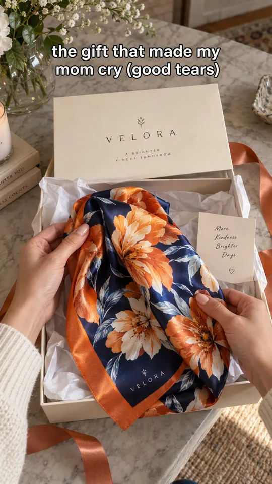 Anuncio de unboxing en TikTok de unas manos sacando un pañuelo de seda floral de una caja regalo