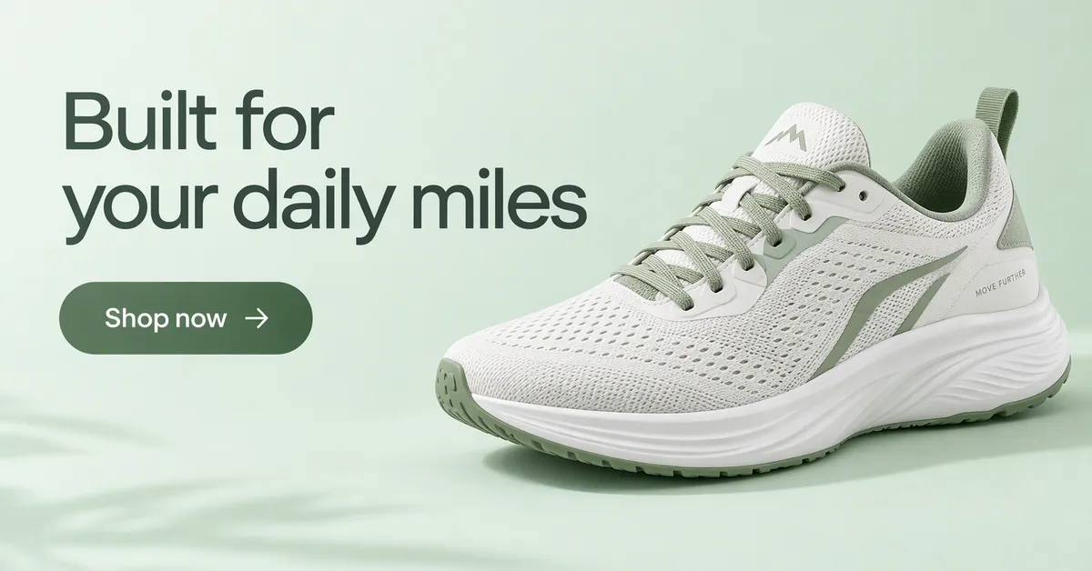 Anuncio de display horizontal de Google de una zapatilla de running blanca y verde salvia, titular Hecha para tus kilómetros de cada día