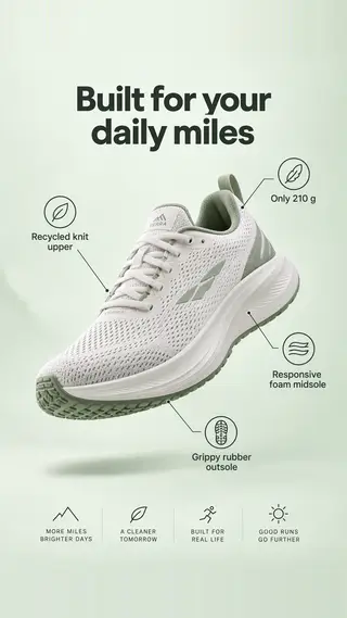 Callout ad of a white running shoe with labels for the knit upper, weight, foam midsole and rubber outsole