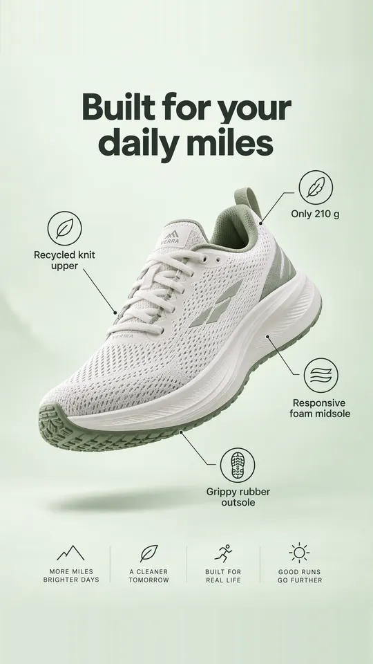 Anuncio con anotaciones de una zapatilla de running blanca con etiquetas para el upper de punto, el peso, la mediasuela de espuma y la suela de goma