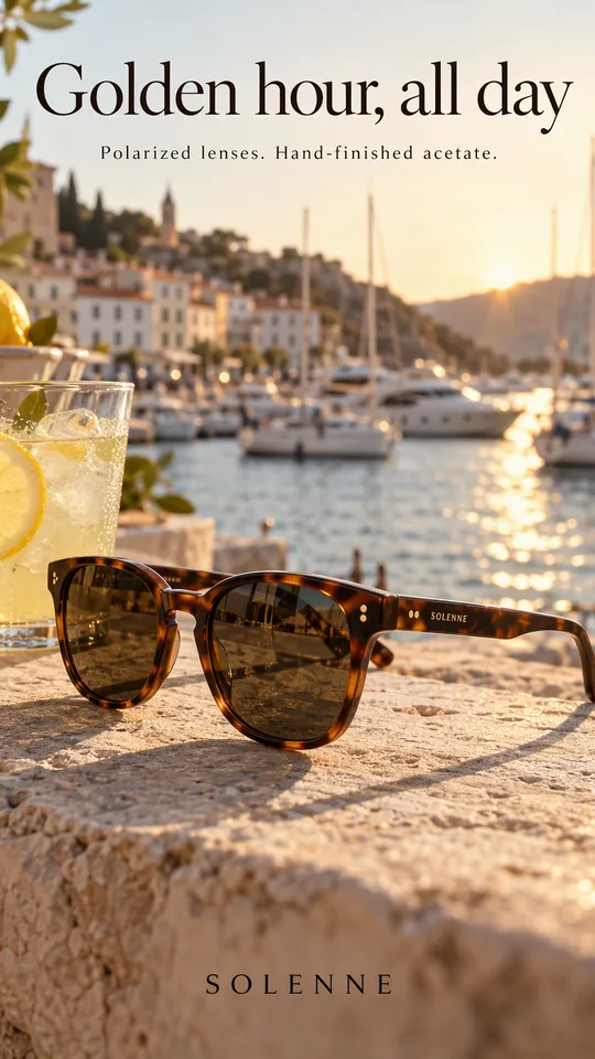 Anuncio lifestyle de unas gafas de sol de carey sobre un muro de piedra con vistas a un puerto, titular Hora dorada, todo el día