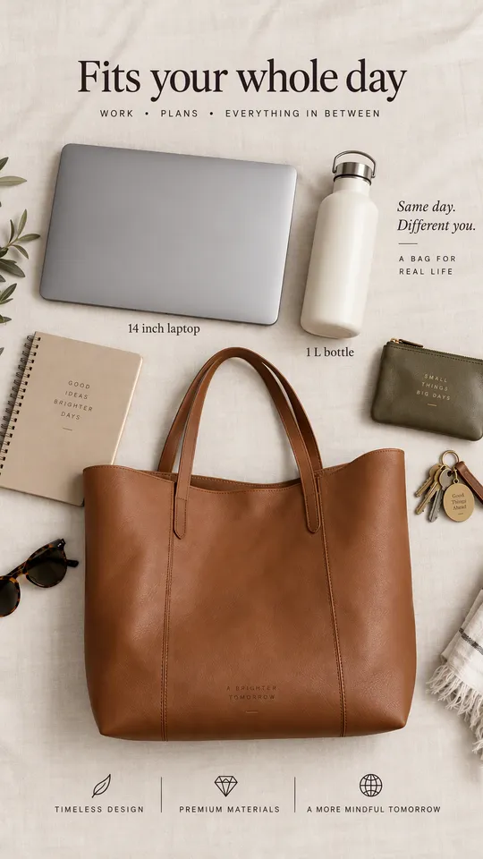 Anuncio flat lay de un tote de piel marrón con un portátil, una libreta, una botella y unas llaves, titular Cabe todo tu día