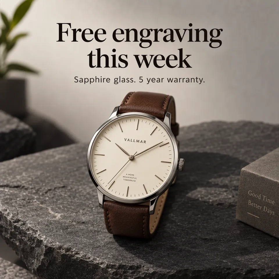 Anuncio de oferta de un reloj minimalista de esfera crema sobre pizarra, titular Grabado gratis esta semana