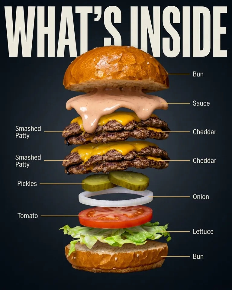Anuncio de Meta con una smash burger despiezada: pan, carnes, queso, pepinillos y lechuga flotando por separado bajo el titular Lo que lleva dentro