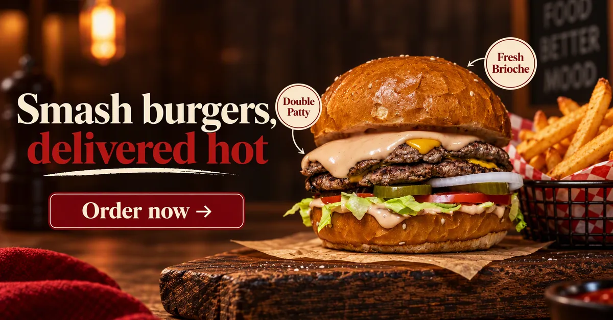 Anuncio de display horizontal de Google de una smash burger con patatas fritas sobre una tabla de madera, titular Smash burgers, a domicilio y calientes