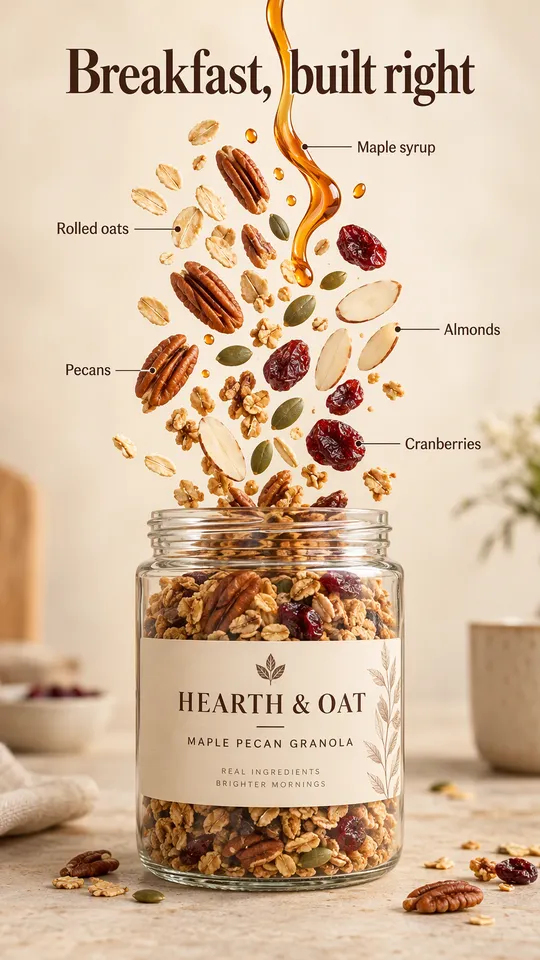 Anuncio de vista despiezada de un tarro de granola con avena, pecanas, almendras, arándanos rojos y sirope de arce flotando encima, titular Un desayuno bien hecho