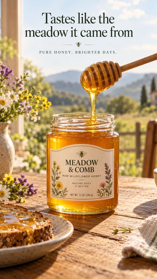 Anuncio lifestyle de un tarro de miel de flores silvestres con un cazo de madera goteando sobre una mesa de desayuno soleada