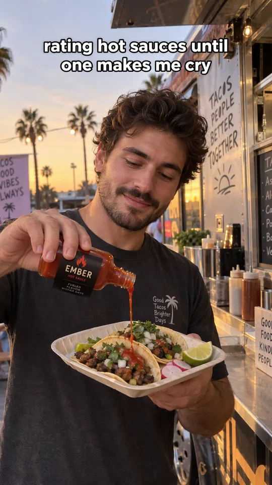 Anuncio UGC de TikTok de un hombre echando salsa picante roja sobre un taco callejero junto a un food truck