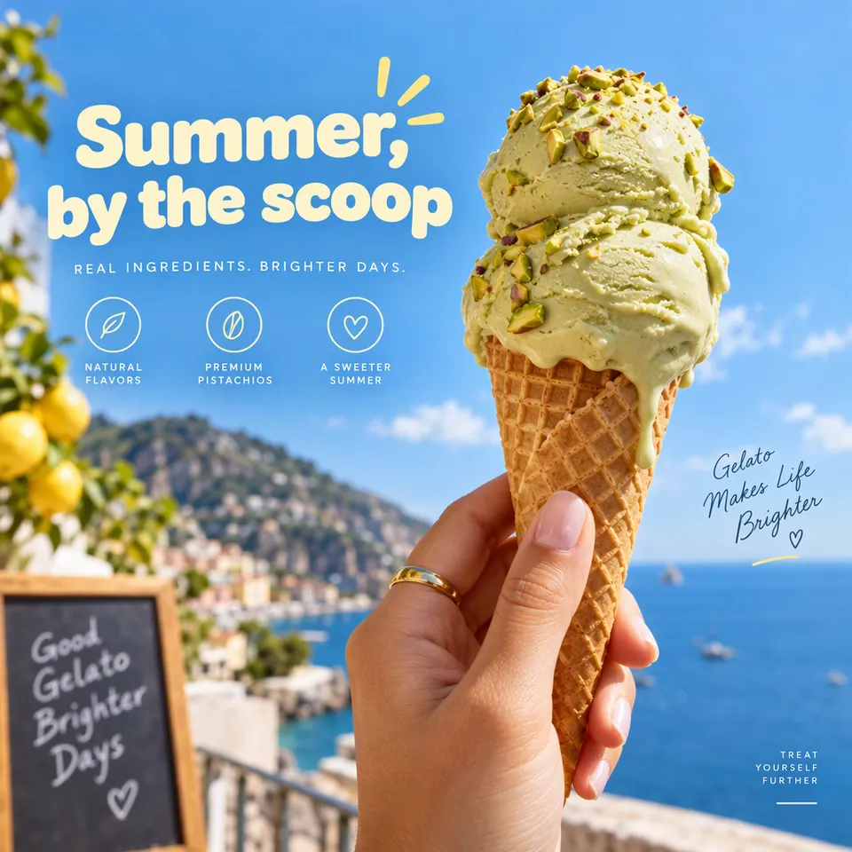 Anuncio lifestyle de una mano sosteniendo un cucurucho de gelato de pistacho sobre el mar, titular El verano, a cucharadas