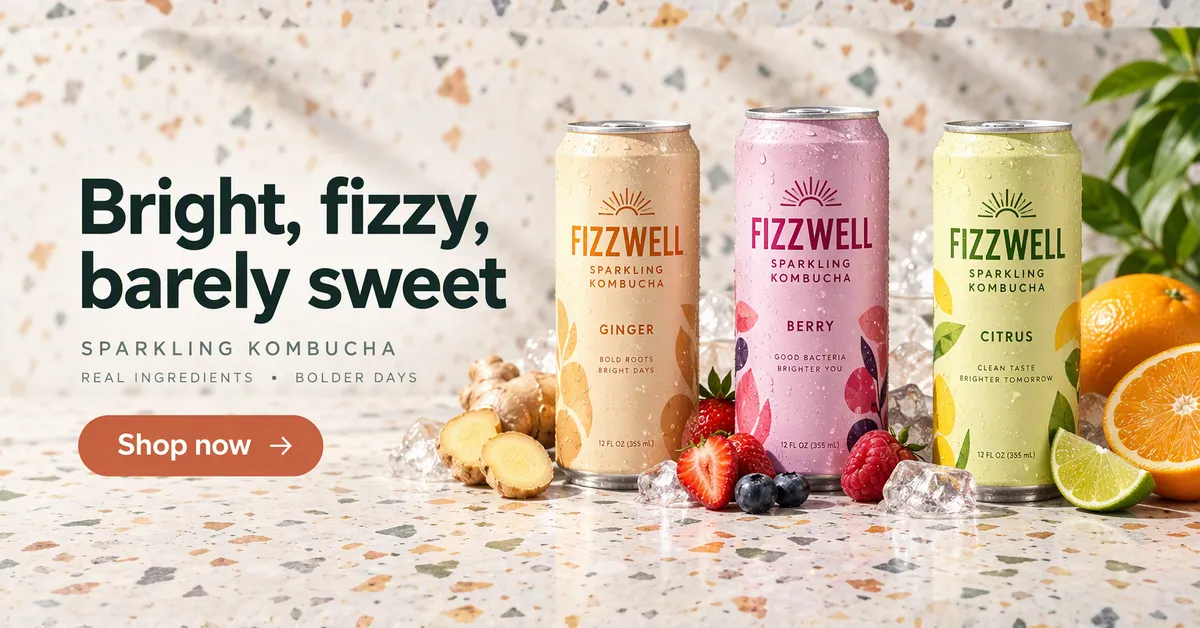 Anuncio de display horizontal de Google de tres latas de kombucha con gas con hielo y fruta, titular Viva, burbujeante, apenas dulce