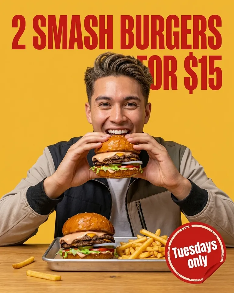 Anuncio de oferta de un hombre sonriente con una smash burger sobre fondo amarillo, titular 2 smash burgers por $15, solo los martes