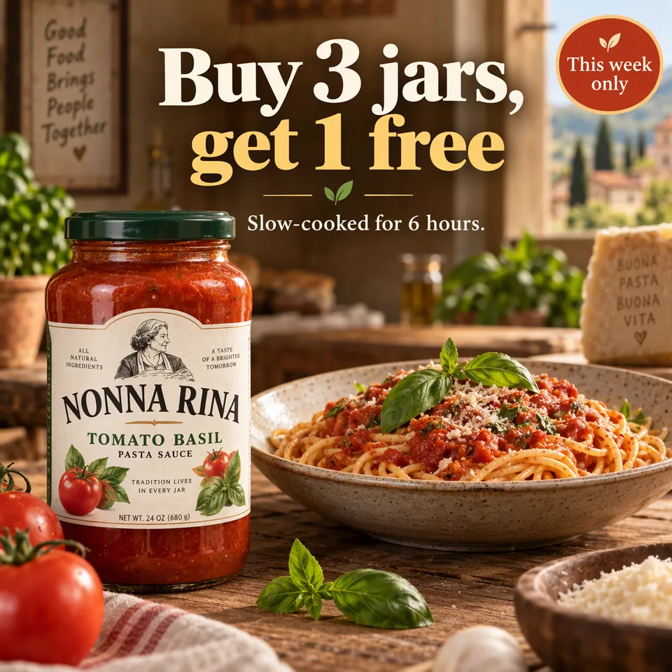 Anuncio de oferta de un tarro de salsa de tomate y albahaca junto a un plato de espaguetis, titular Compra 3 tarros y llévate 1 gratis