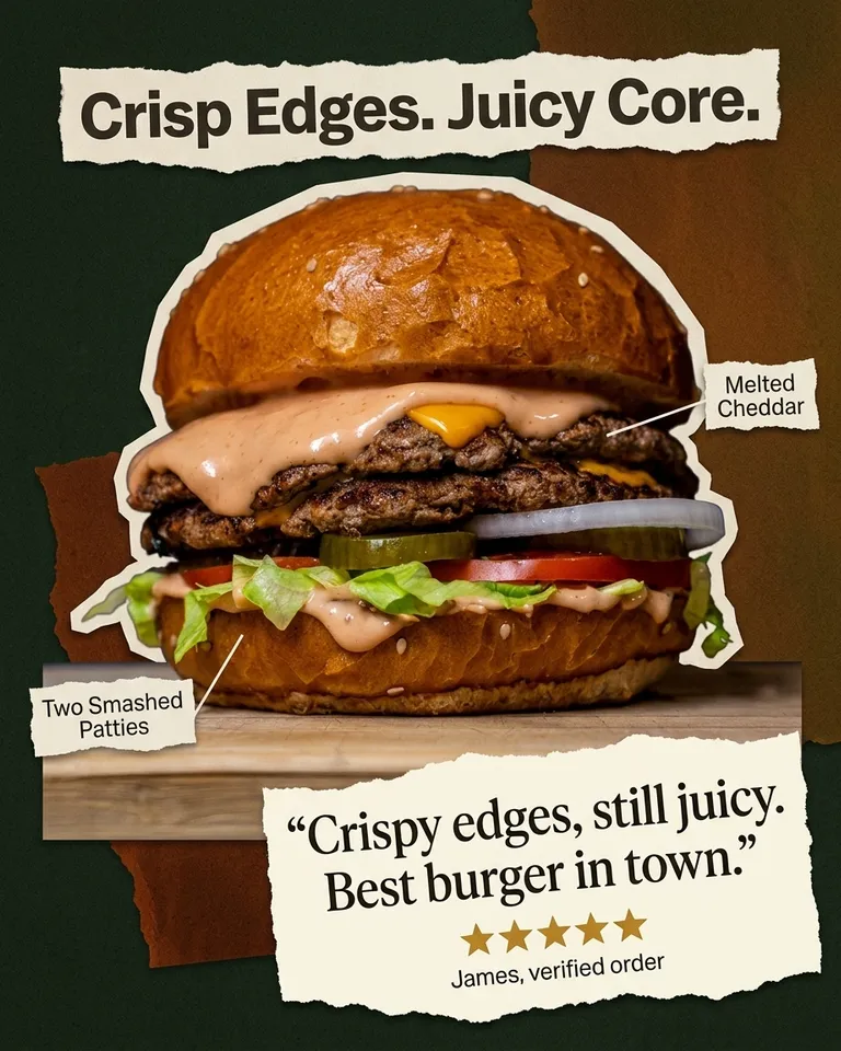 Anuncio de reseña de una smash burger doble con una cita de cinco estrellas sobre los bordes crujientes y la mejor hamburguesa de la ciudad
