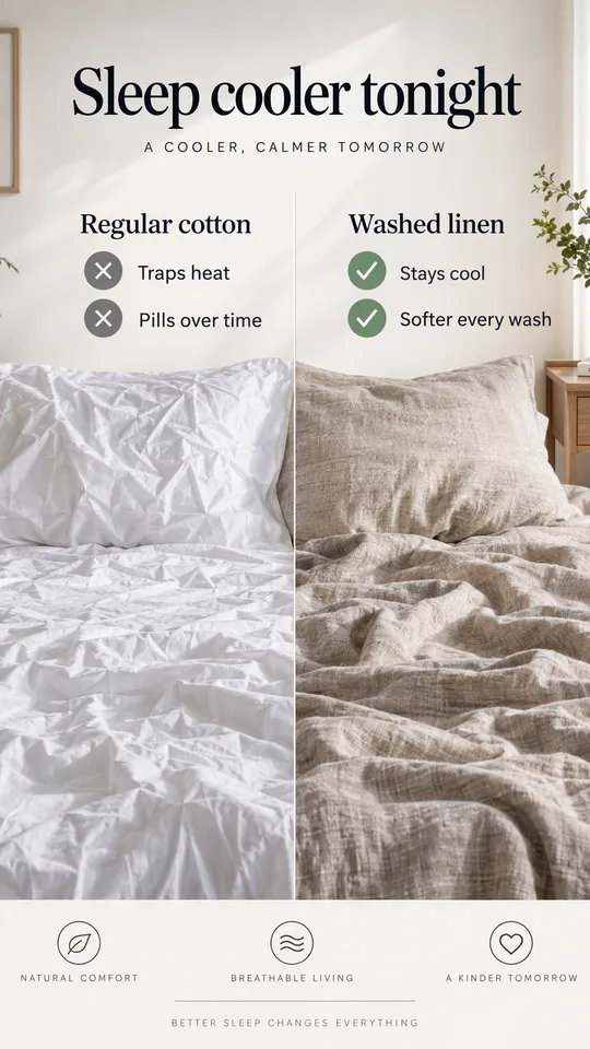 Anuncio comparativo de ropa de cama de algodón normal junto a ropa de cama de lino lavado, titular Duerme más fresco esta noche